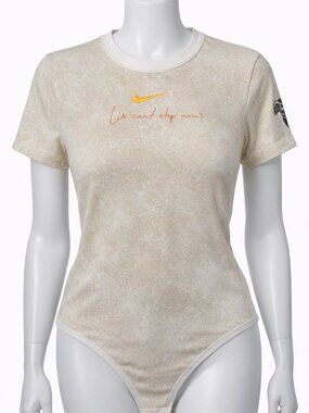 Nike Bodysuit Womens XL Beige Cream Acid Wash Swoosh Graphic Short Sleeve
